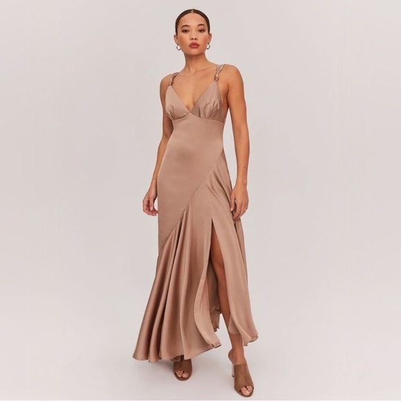 NWOT FAME AND PARTNERS Zephyra Matte Satin Asymmetrical Maxi Dress in Dark Tan - Picture 1 of 14